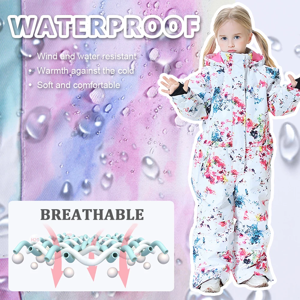 Kids Snowboard Wear,One-Piece Boys Skiing Suits,Winter Waterproof Windproof Children's Snow Jumpsuits,Fleece Girls Skiing Suits