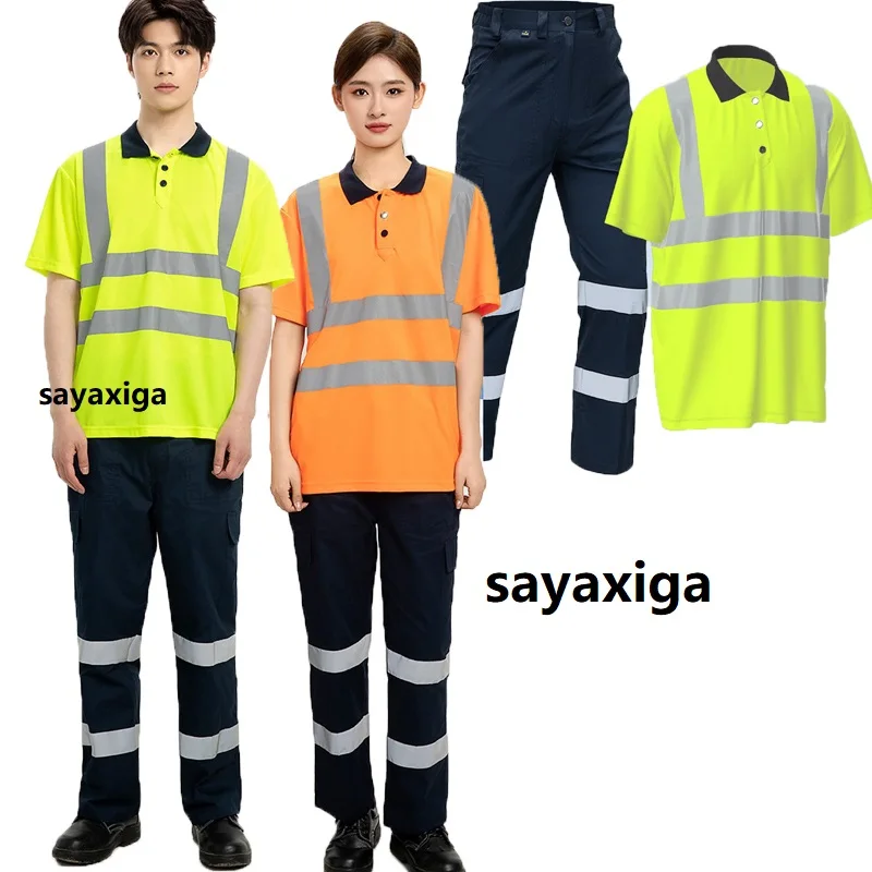 Summer Quick Dry Shirt Hi Vis Workwear Contrast Color Safety Long Sleeve Polo Shirt Reflective Work Tops For Working plus size5X