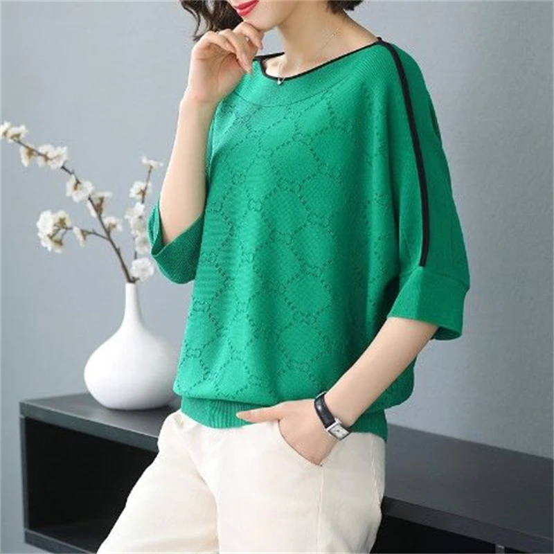 Women's Korean Fashion Contrast Color Hollow Elegant Knitwear Spring Autumn Casual Loose 3/4 Sleeve Pullover Tops Ropa De Mujer