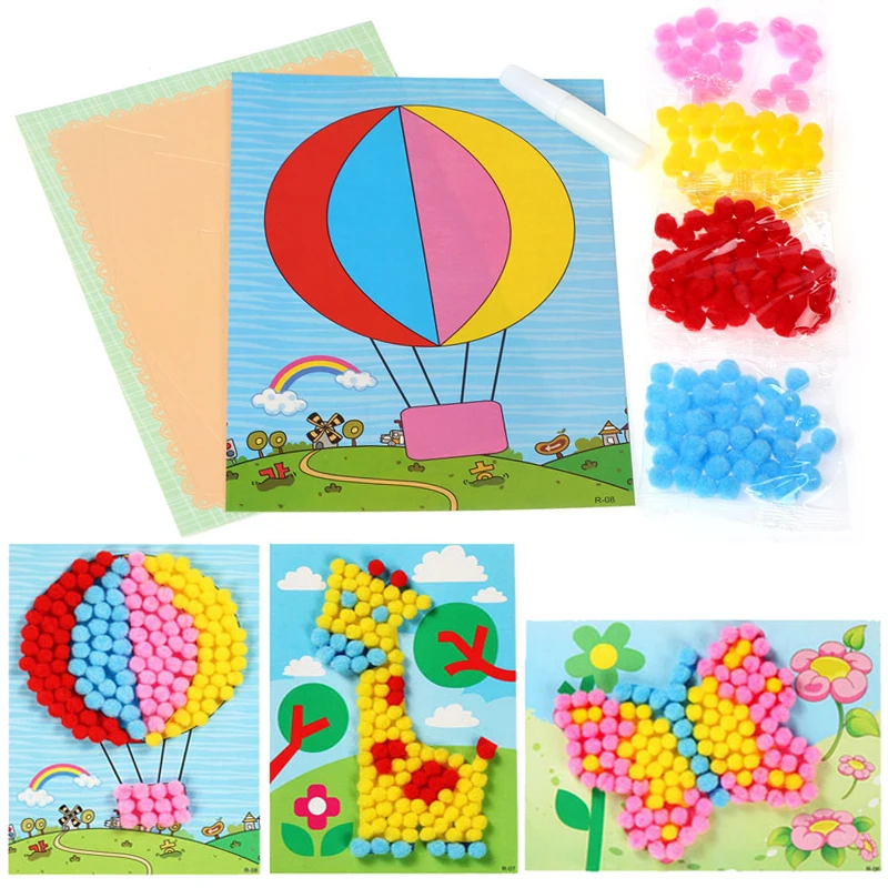 2~4PCS Fur Ball sticker Painting children Handmade Cute Cartoon Drawing DIY Handicrafts Various Patterns Decorations TMZ