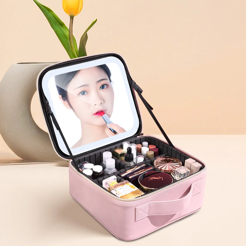 

Cosmetic Case Make up Bag Women's Handbags Smart LED Light Mirror Makeup Organizers Storage Box Bags Travel Beauty Toiletry Kit