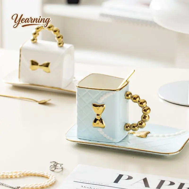 

Designer Bag Shaped Ceramic Mug with Saucer Light Luxury Afternoon Tea Set Home Niche