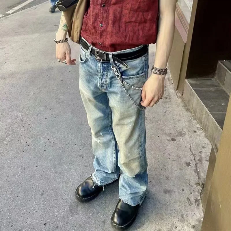 

Винтажные джинсы прямого кроя с эффектом потертости для мужчин, стильные повседневные джинсы для подростков на весну, осень и зиму