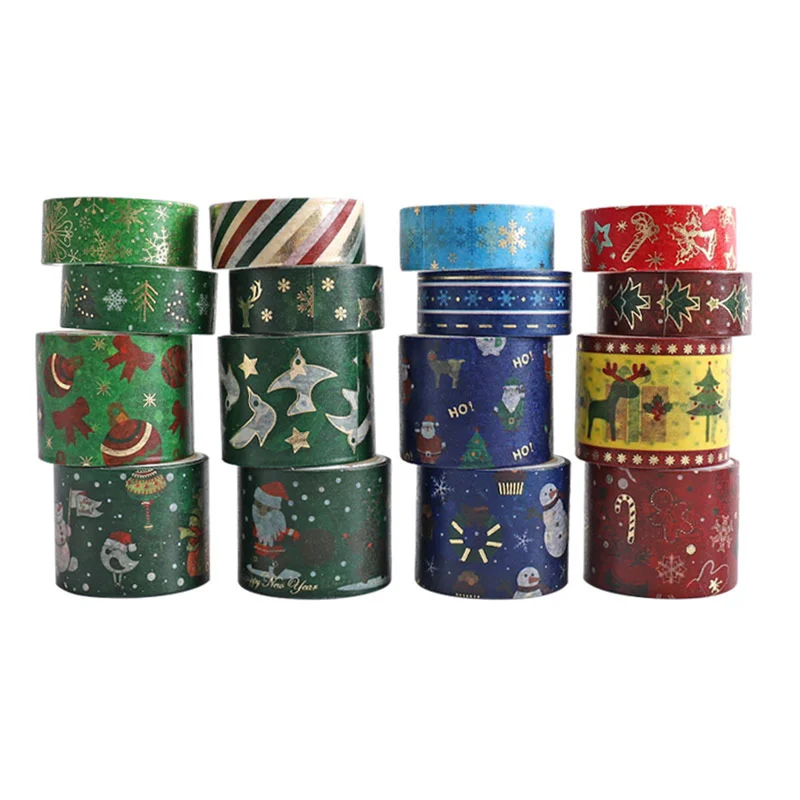 16 Rolls/Box Christmas Foil-stamped Pattern Washi Tape, Christmas Decoration Planner Material Set, Holiday Gift DIY Decoration