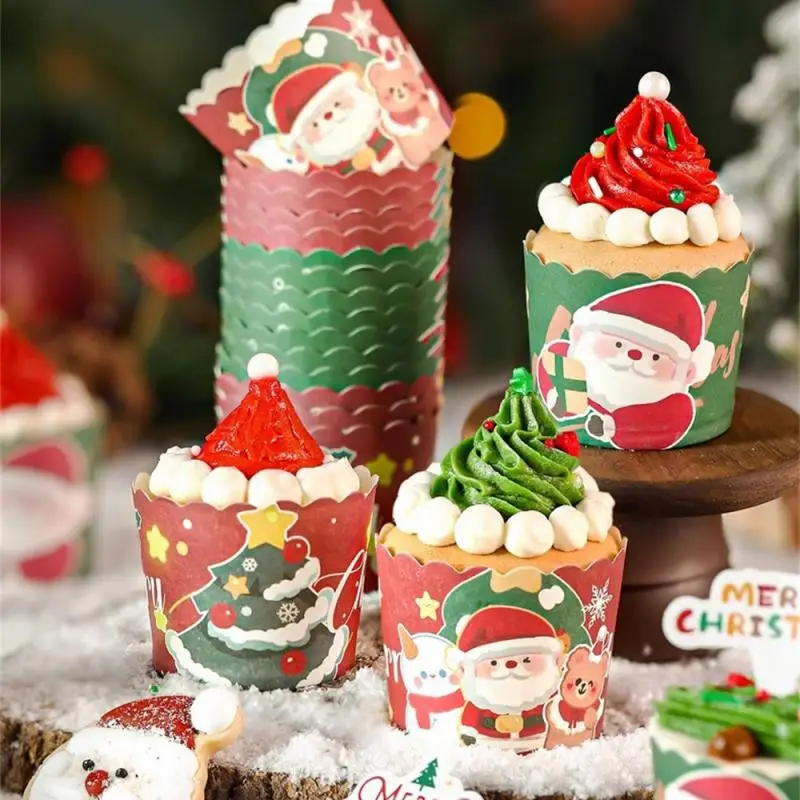 2025 Christmas Cupcake Wrapper Santa Claus Snowman Elk Cake Cups Disposable Oven Air Fryer Baking Liner Christmas Party Decor