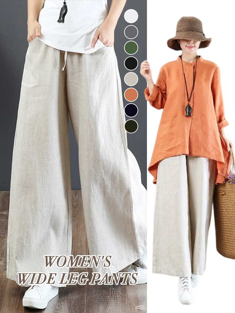 Women Summer Literary Casual Loose Wide Leg Pants High Waist Pants Cotton Linen Baggy Straight Pants Long Pantalon Trousers