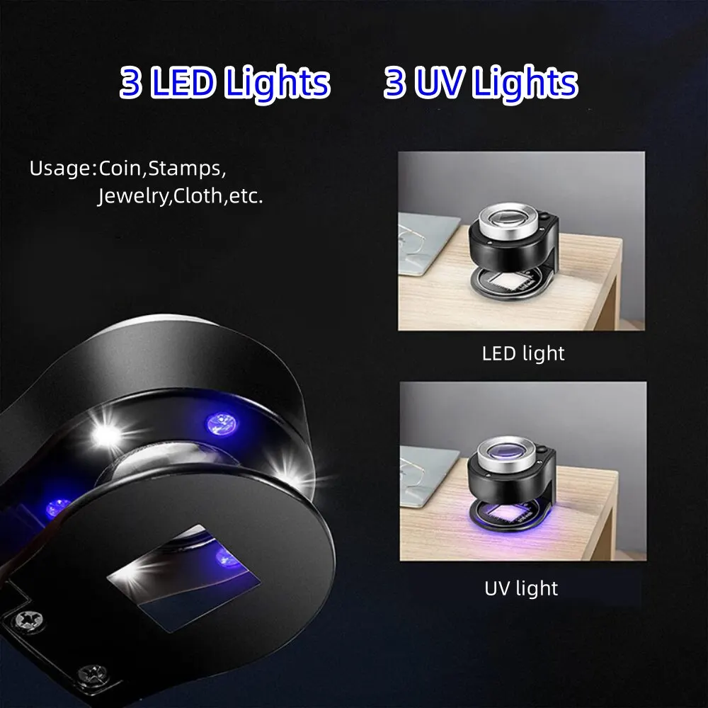 Portable 30X Magnification Loupe Full Metal Black Money Detecting Lamp Scale Measurement With LED And UV Lights