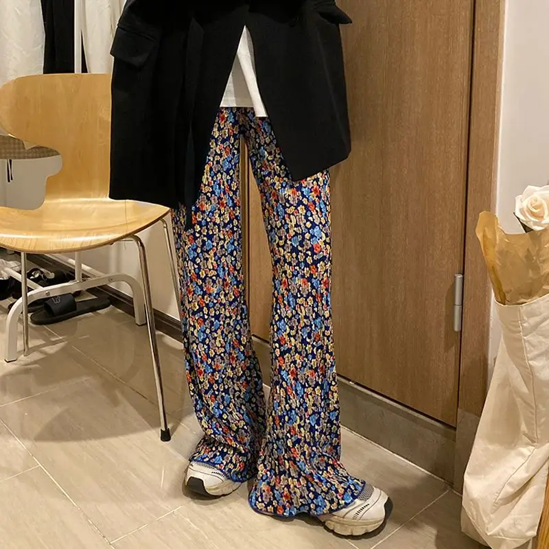 Women's Pleated Floral Wide Leg Pants Retro High Waist Straight Trousers Casual Loose Floor Length Pantalones