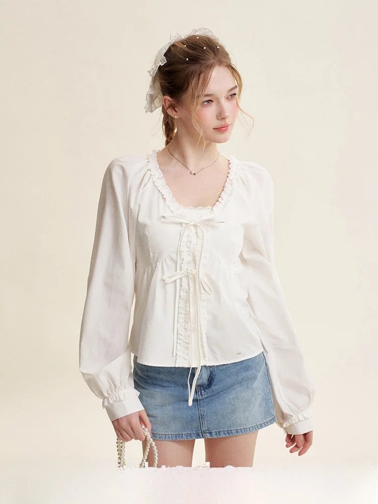 

Romantic White Silk Cotton irt with Bowtie V-ne French Sle Loose Fit Long Sve Breathable Skin-friendly Lantern Sve