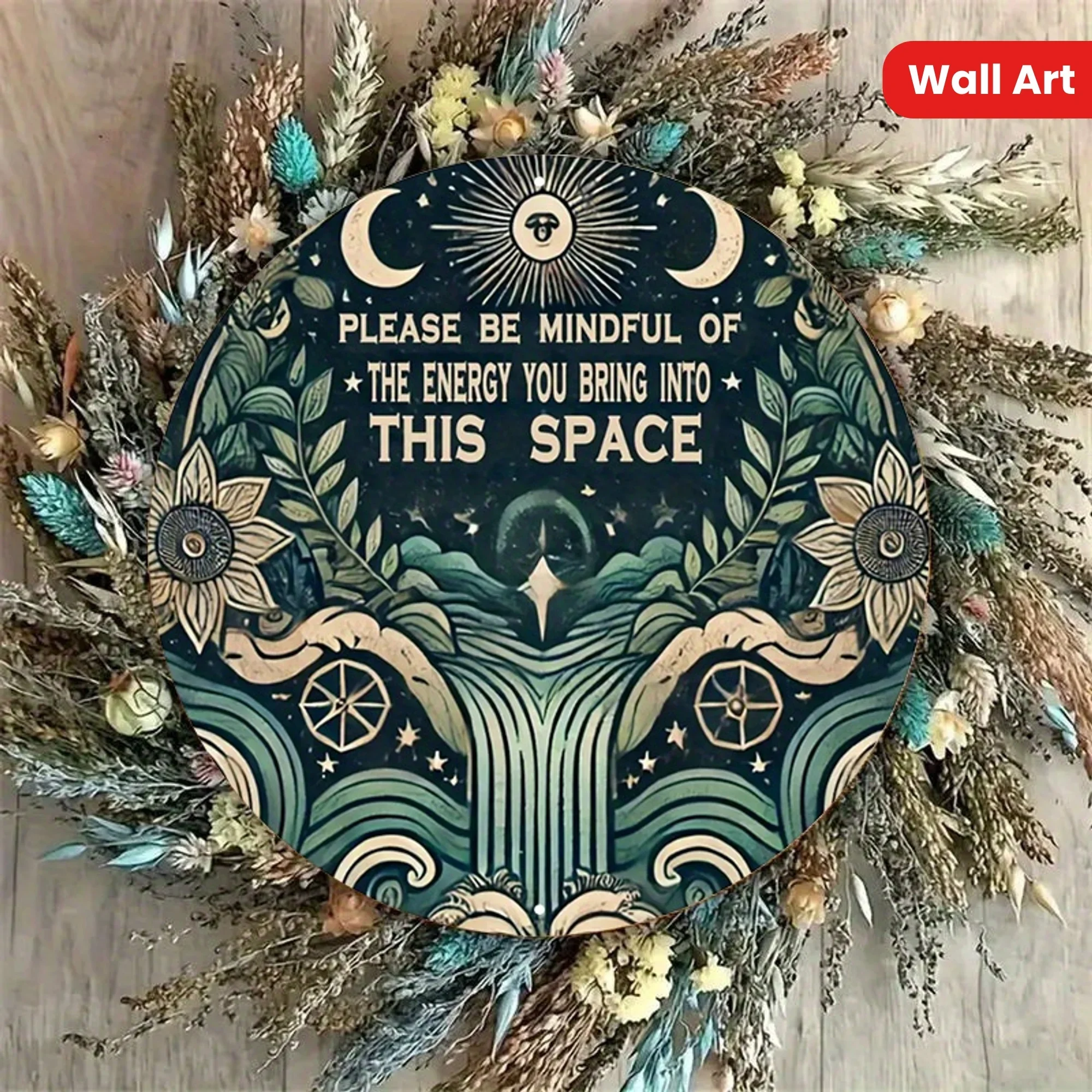 Panneau métallique spatial énergétique consciente : motif floral et lune vintage – Art mural sérène pour salles de méditation, maisons boho et espaces spirituels