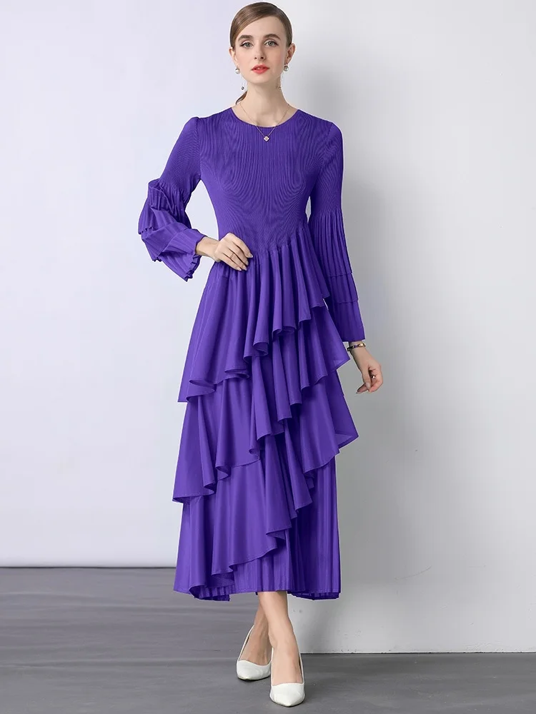 New Spring Autumn Pleated Women Dress Women Full Flare Sleeve Spliced Ruffles O-Neck Evening Party Dresses Elegant Lady Clothing