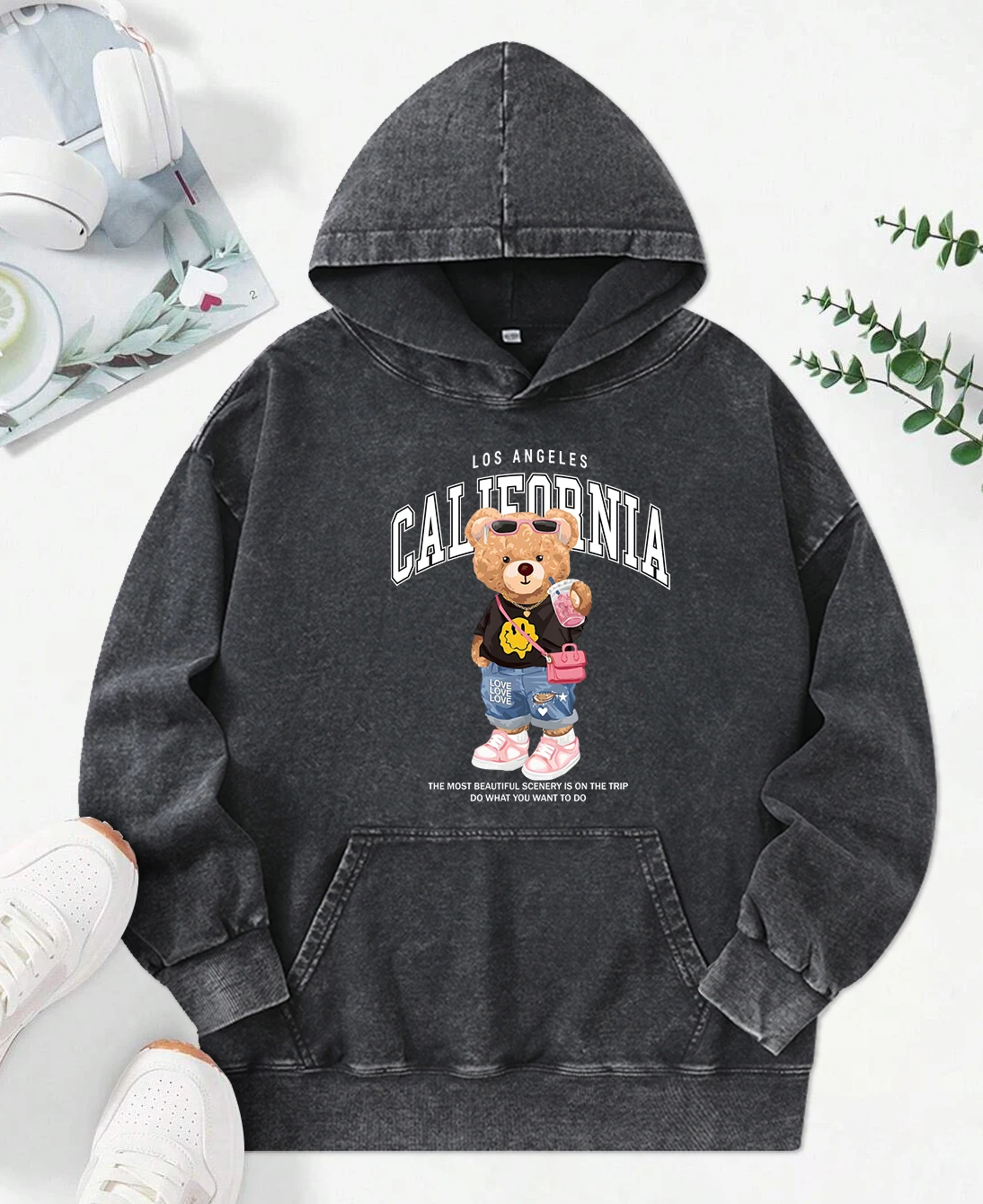 Little Bear Drinking Milk Tea Print Washed Hoodies Women Cotton Fashion Pullover Cartoon Hip Hop Streetwear Casual Female Hoody