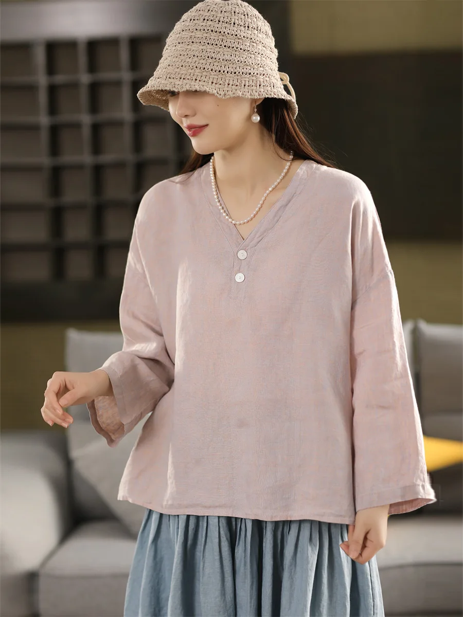 

Женская льняная блузка с длинным рукавом и V-образным вырезом, свободного кроя, однотонная, высокого качества, для повседневной носки