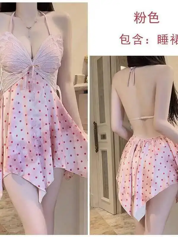 Pure Desire-vestido de seda de hielo, camisón Sexy acolchado de encaje dulce, bata para el hogar con espalda descubierta y tirantes en V profundo, vestido sin mangas encantador IP4H