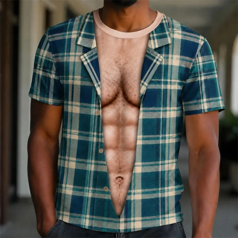 Men 3D Fake Open Plaid Shirt Print T‑shirt Short Sleeve Funny Muscle Abs Visual Illusion Tee Casual Fashion Party Streetwear Top