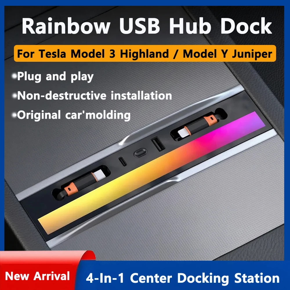 For Tesla Model Y Juniper Fast Charging USB Hub Docking Station with Rainbow Light Model 3 Highland Retractable Ambient Lighting