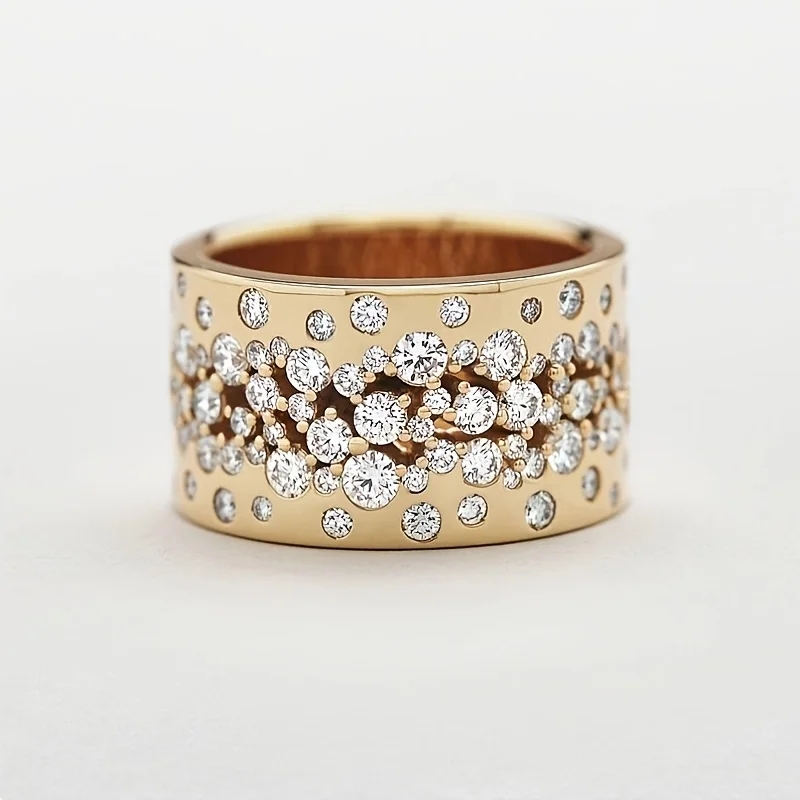 Luxury Inlaid White Synthetic Zirconia Hollow Wide Ring for Women's Banquets Parties Jewelry Accessories Gifts