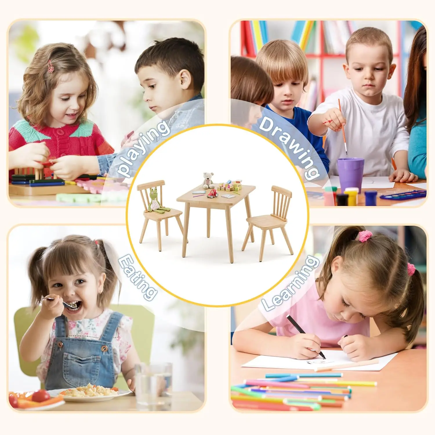 Conjunto de mesa infantil e 2 cadeiras, conjunto de mesa e cadeira de madeira de borracha para arte, brincar, artesanato, atividades, mesa infantil com N