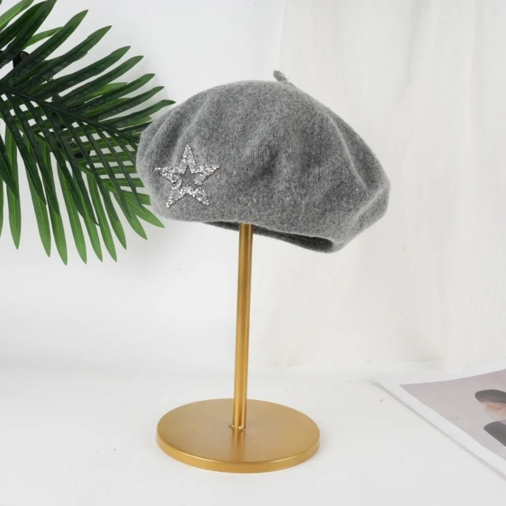 Artist Hat Five-Pointed Star Wool Beret Soft Solid Color Knitted Painter Hat Rhinestone Decor Warm Beanie Cap Women