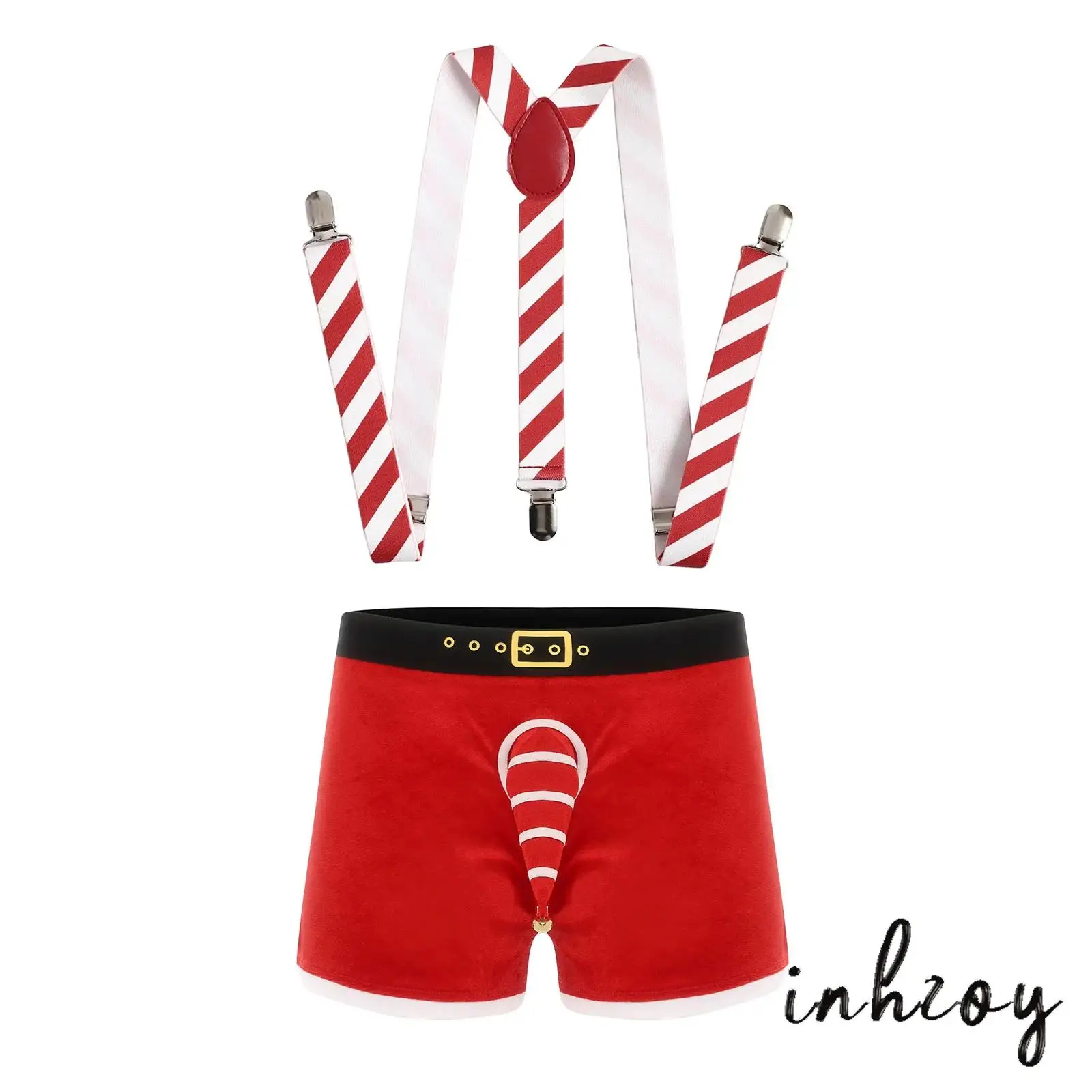 

Mens Christmas Boxer Shorts Underwear with Y-back Suspenders Striped Sheath with Bell Decor Santa Briefs Xmas Night Lingerie