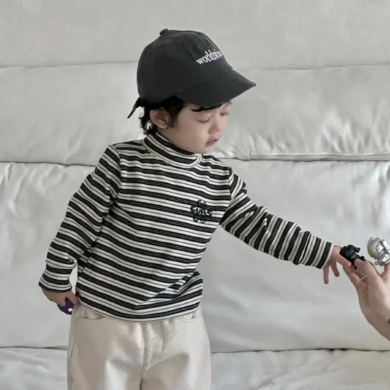 

2025 Autumn New Children Long Sleeve Striped T Shirts Cotton Boys Thick Warm Tops Kids Girls Bottoming Shirts Baby Clothes