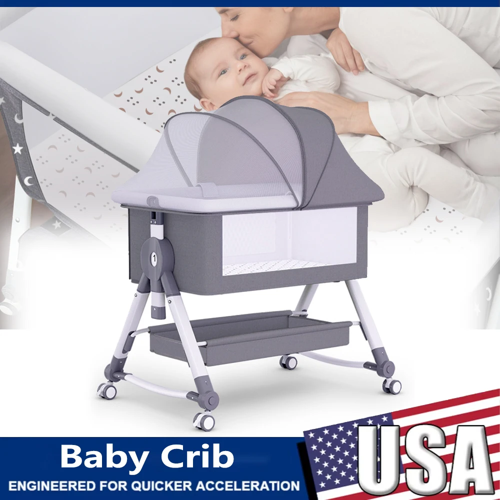 Baby Crib Portable Splicing Cradle Bed Foldable Height Adjustable Movable Bedside Swing Bed Bassinet With Wheels,Mosquito Net