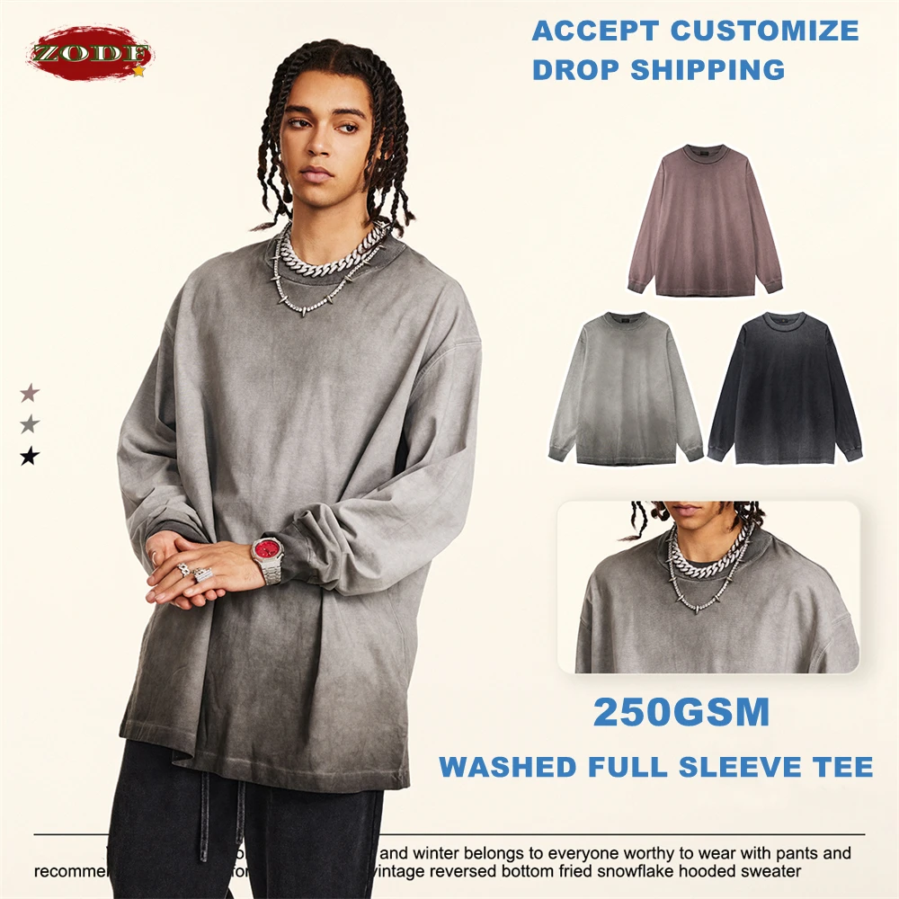 ZODF 2024 Autumn Men\'s Washed Cotton T-Shirt Unisex Oversized Distressed 250gsm Long Sleeve O Neck T Shirts Tees HY0921