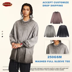 ZODF 2024 Autumn Men's Washed Cotton T-Shirt Unisex Oversized Distressed 250gsm Long Sleeve O Neck T Shirts Tees HY0921