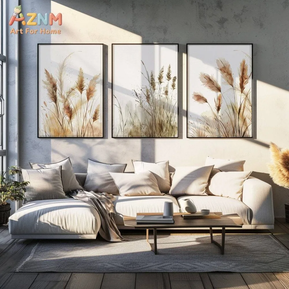 AZNM  Neutral Dried Pampas Grass Canvas Wall Art, Watercolor Wild Reed Print Frameless Canvas Painting, Boho Minimalist Home