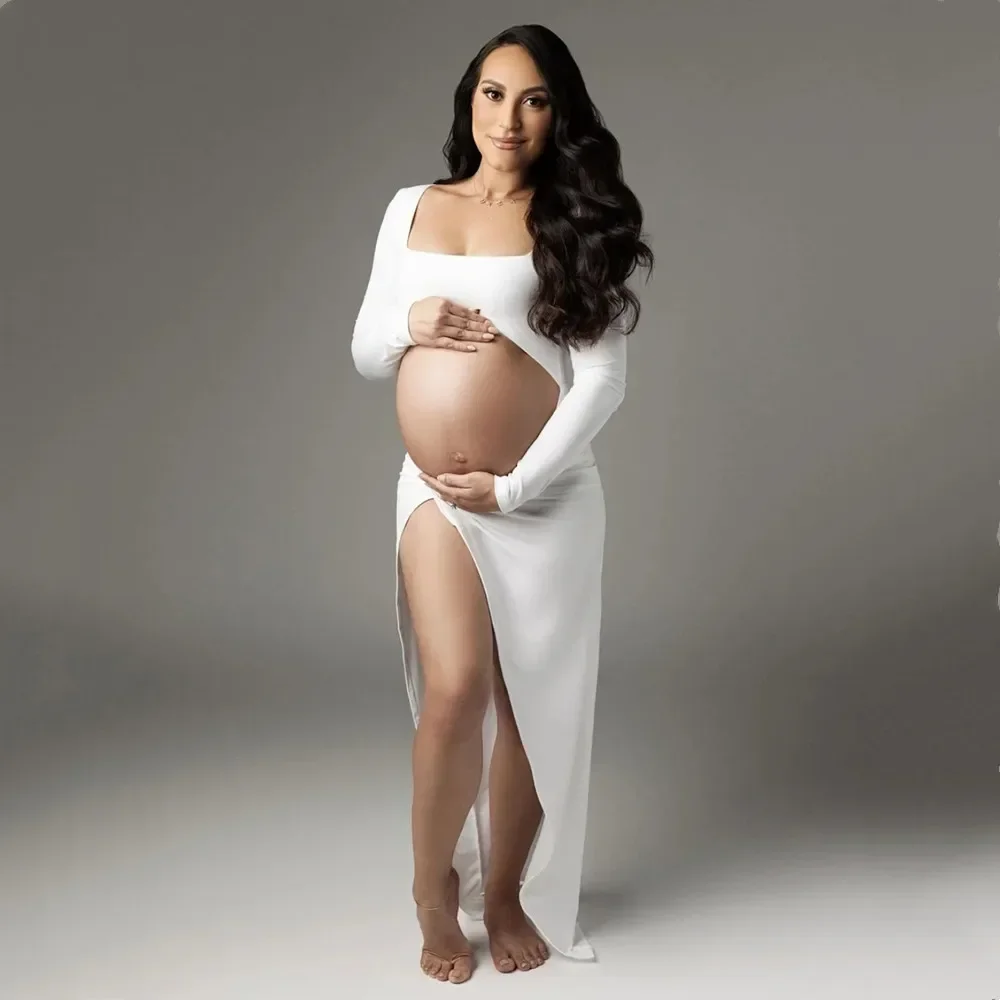 Sides Slit Maternity Photo Shoot Dress Full Sleeve Stretchy Pregnancy Photography Long Dress Showing Belly