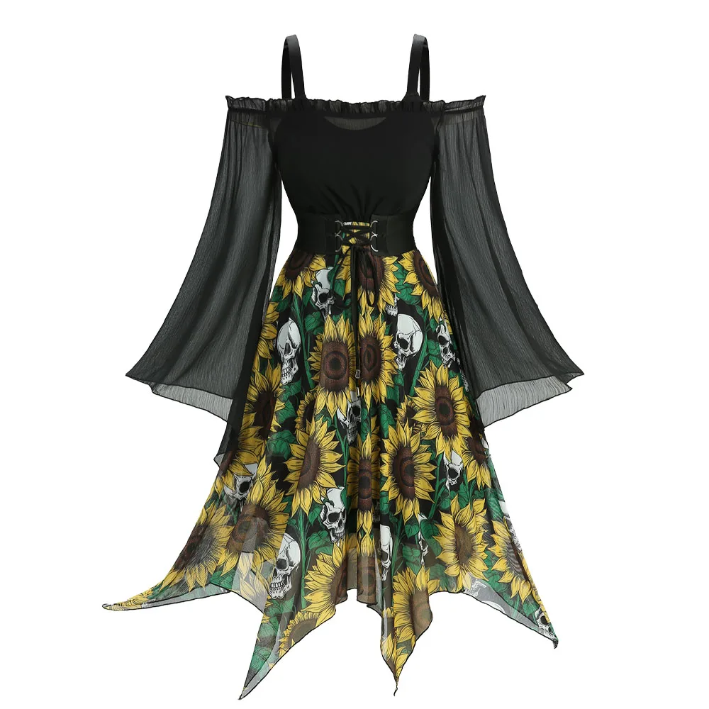 Robes pour femmes tournesols crânes imprimé à lacets volants épaule froide manches évasées transparentes robe débardeur asymétrique
