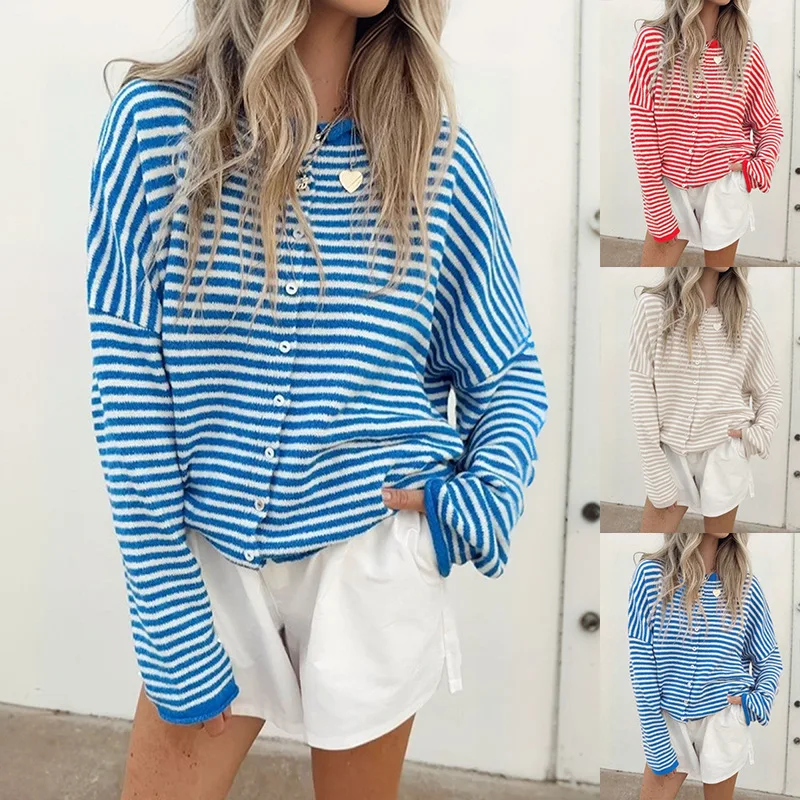 

Cardigan Women Sweaters Coats Round Neck Full Sleeve Jumpers Y2k Streetwear Elegant Striped Knit Open Stith Autumn Winter