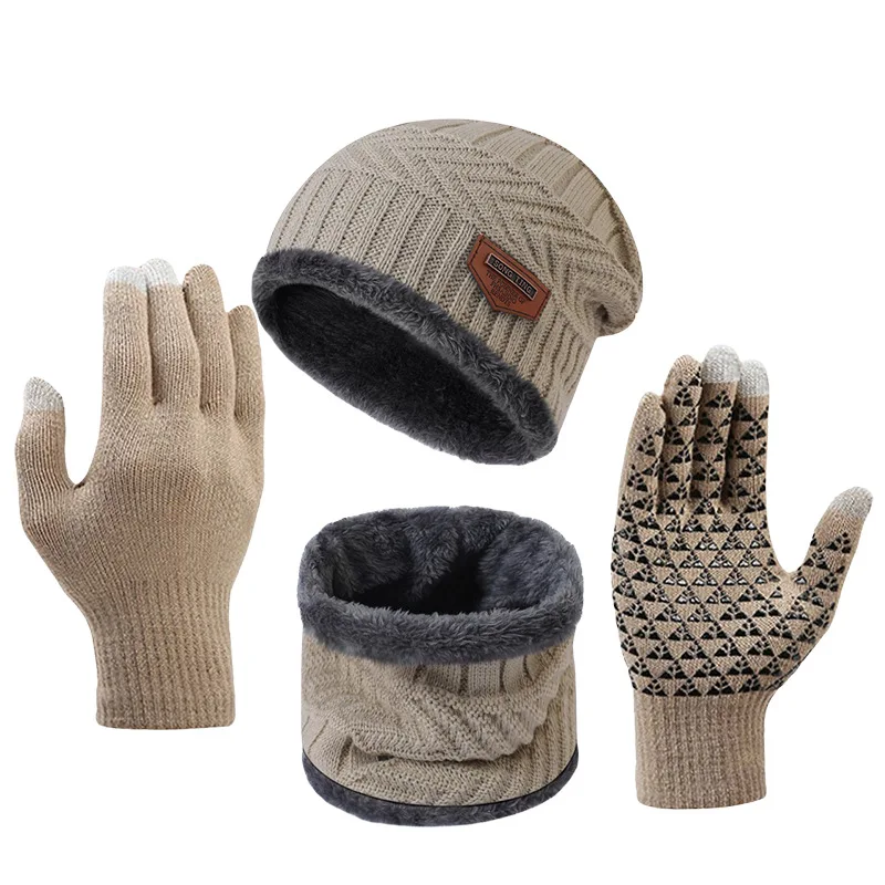 2025, Winter-Strickmütze, Hals-Handschuh-Set, dreiteilige warme Strickmütze aus Wolle, rutschfestes Touchscreen-Handschuh-Set