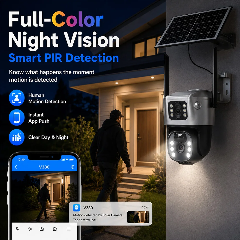Solar Security Camera 6MP HD Dual Lens PTZ Outdoor 4G LTE CCTV IP66 Waterproof PIR Motion Detection V380 No WiFi SIM Camera Kit