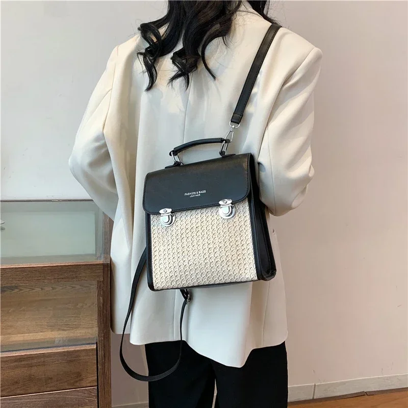 High Quality PU Straw Fashion Backpack Simple Versatile Crossbody Bags for Women 2024 Designer New Summer Large Capacity