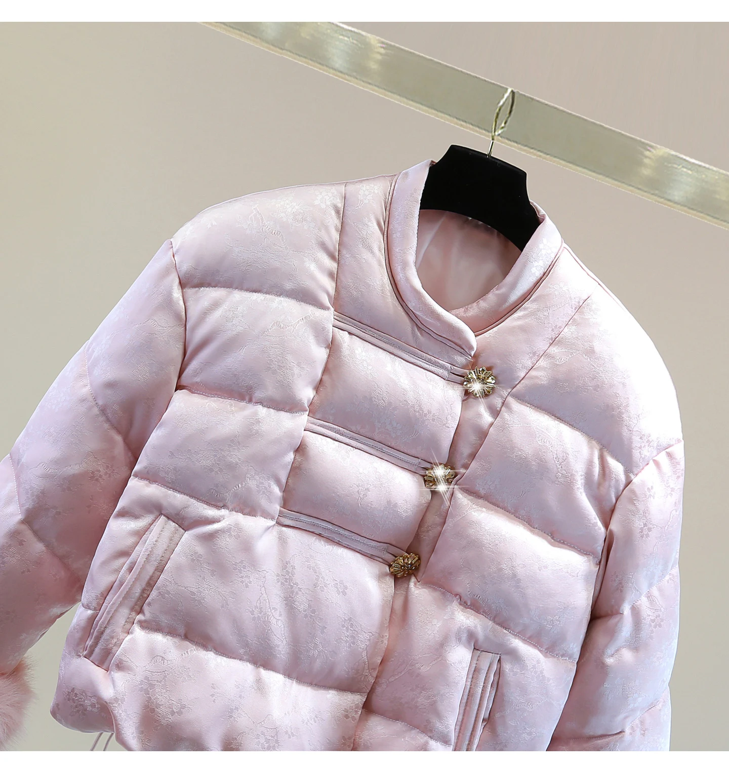 Nouveau Style chinois Jacquard cordon taille Cinch doudoune 2025 automne hiver détachable grande fourrure strass épaissi manteau