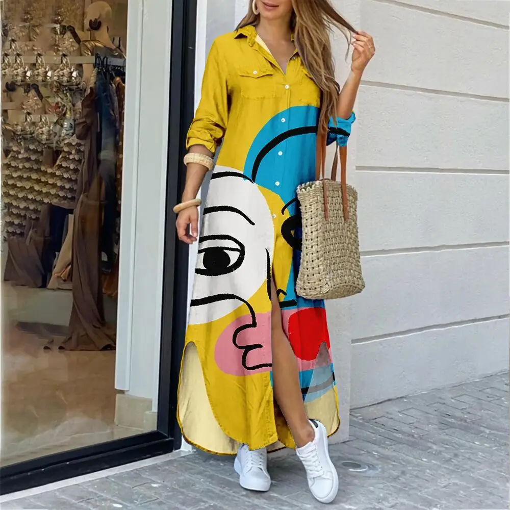 

New Fashion Long Sleeve Printed Shirtdress Long Dress