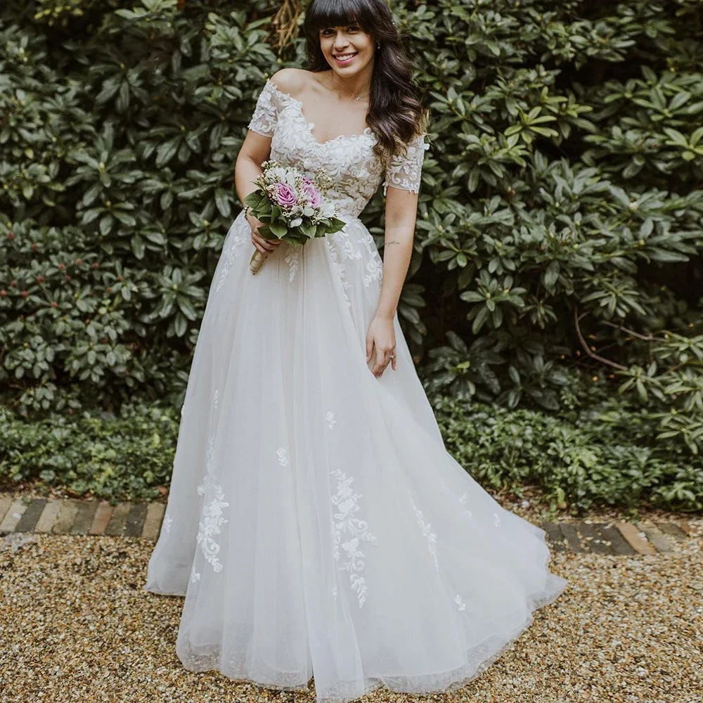 Schulterfrei, Spitze, Applikationen, Perlen, Brautkleider, Schatz, kurze Ärmel, Tüll, Übergröße, Hochzeitskleid, Vestido de Novia