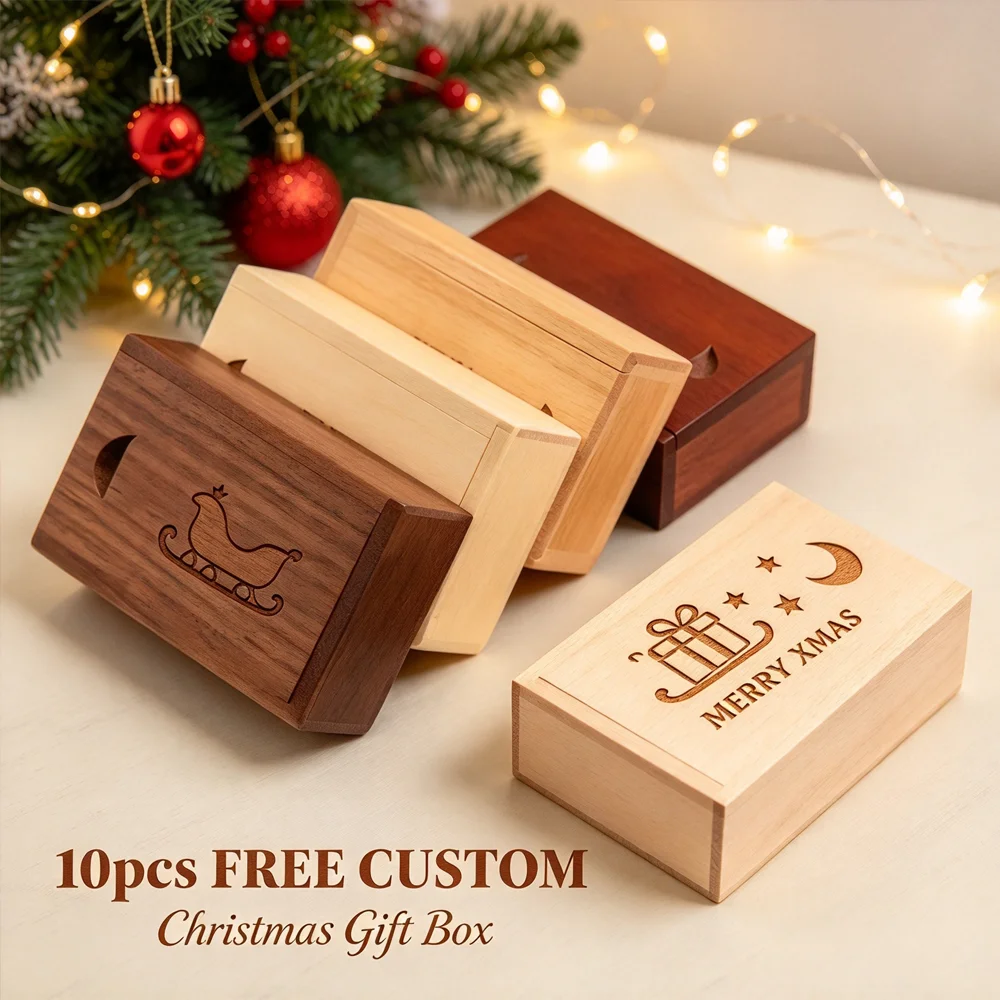 10PCS Free Custom Logo Christmas Gift Boxs Solid Natural Wooden Storage Box with Sliding Top Necklace Ring Gifts Box USBCase Box