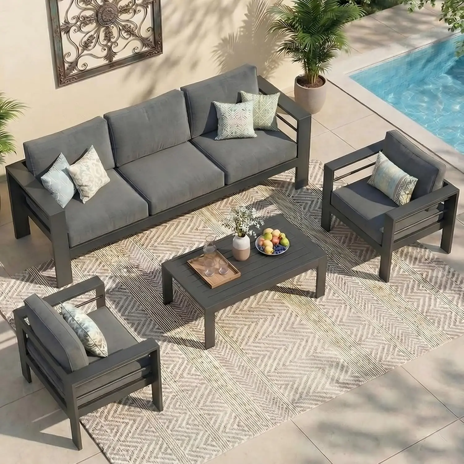 Aluminum Patio Furniture Oversized Conversation Deep Seating Wide Armrest Sectional Sofa 5 Inch Cushion Table Grey, Customized