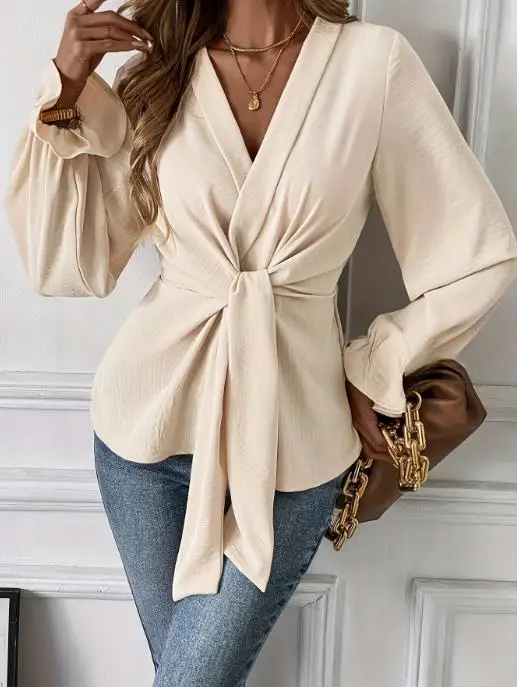 

Woman Blouse 2025 Spring Autumn New Solid Color Elegant V-Neck Long Sleeved Lace Up Casual Slim Fit Daily Shirt Top
