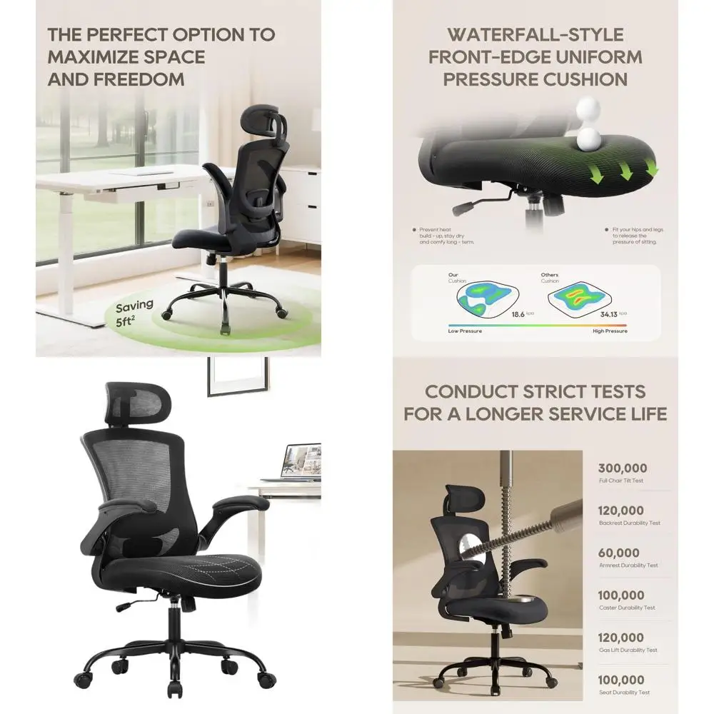 

Эргономичное офисное кресло с высокой спинкой, поясничной поддержкой, откидными подлокотниками и регулируемым подголовником для комфортной работы дома и в офисе