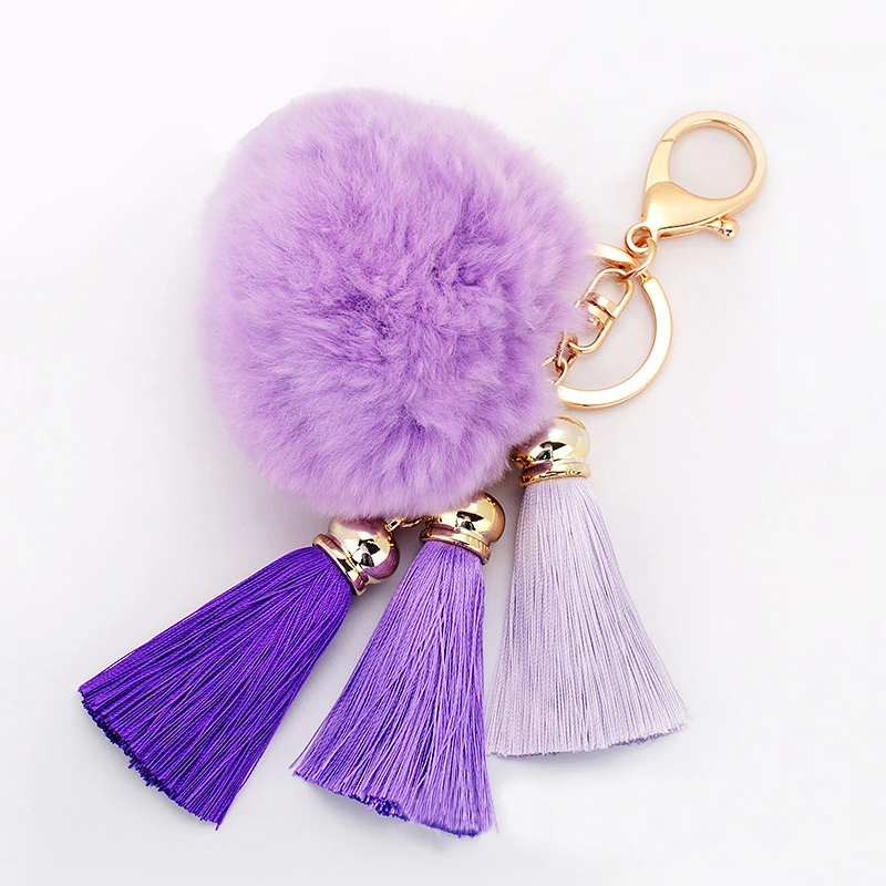 Colourful Silk Ribbon Tassel Gold Color Metal Keychain Fur Pom Pom Ball Charms Pendant Keyring For Women HandBag