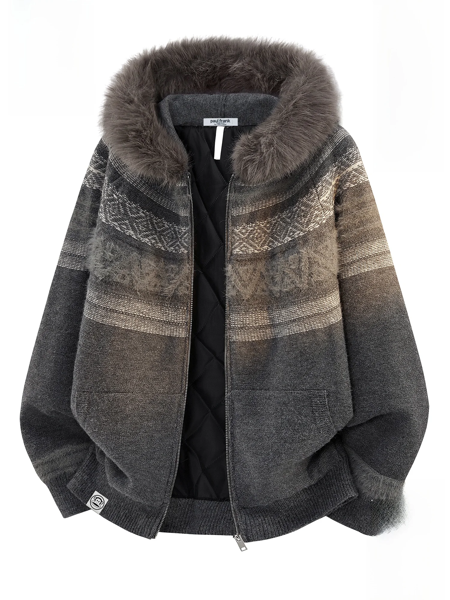 

PaulFrank M Hooded Knitted Sweater with Fur Collar Thiened Cotton Interlined Retro Knitted Open Cardigan for Autumn And ...