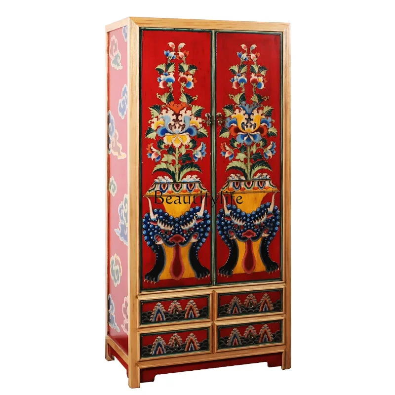

pg45New Chinese solid wood retro hand-painted vertical cabinet Tibetan painted storage locker customization