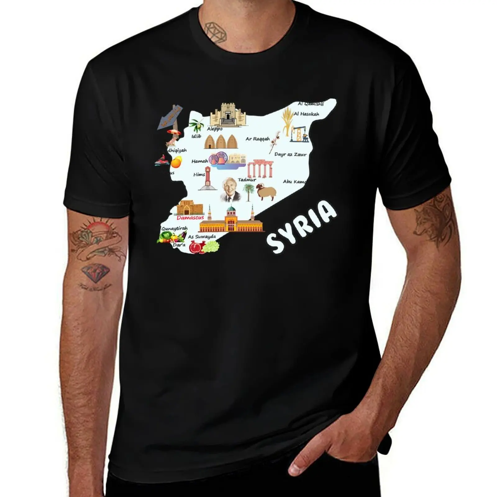

Syria map, major cities names flag Syrian national symbols and landmarks         T-Shirt