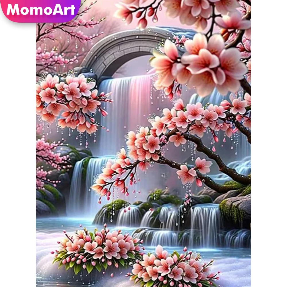 Momoart Neuerscheinung Diamant-Mosaik Wasserfall-Landschaft Diamantmalerei Blumen DIY Bild Strass-Stickerei Handarbeit