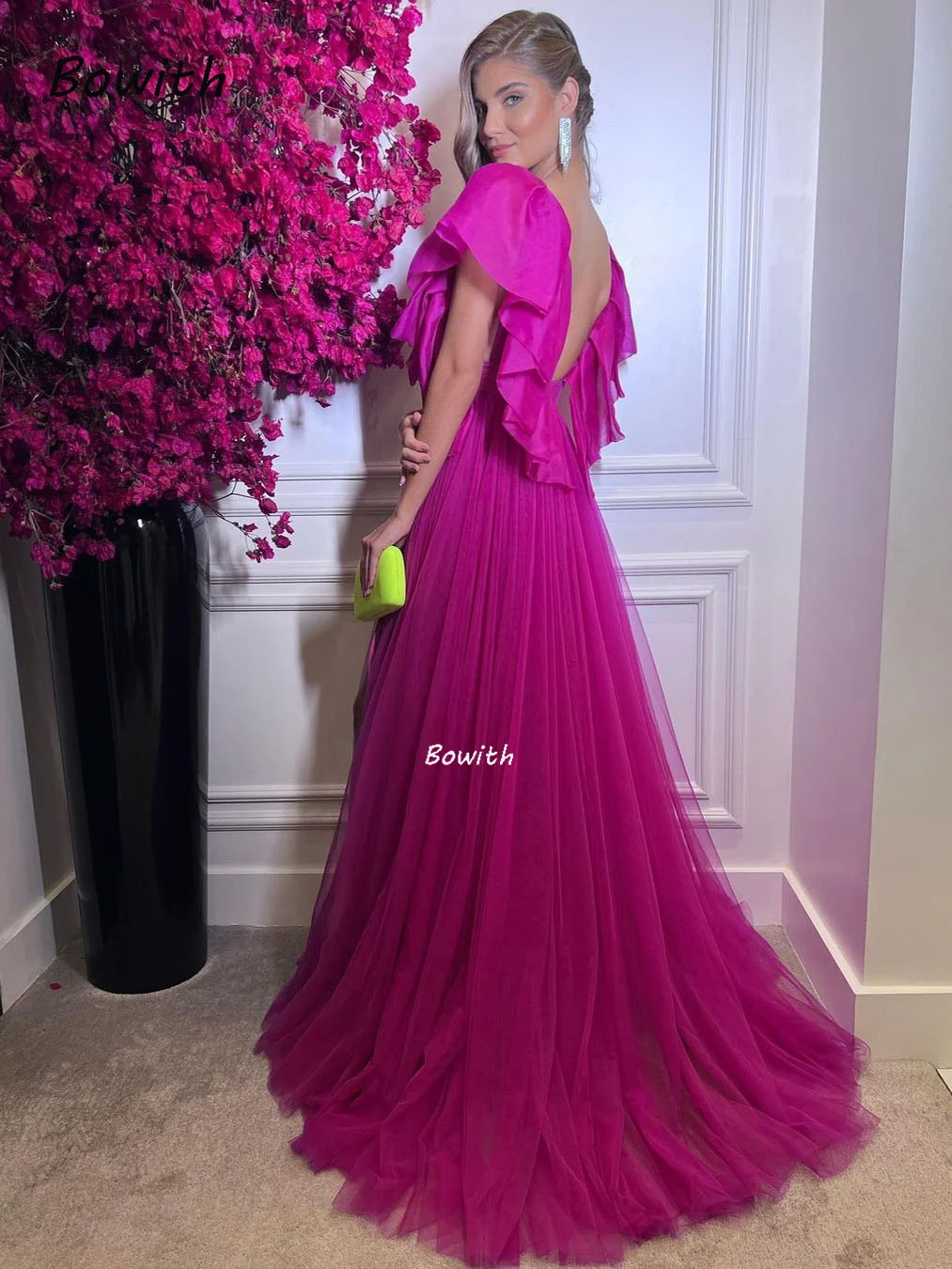 Bowith-vestido de noche fucsia para mujer, elegante vestido de fiesta hasta el suelo, Formal, línea A, boda, 2023