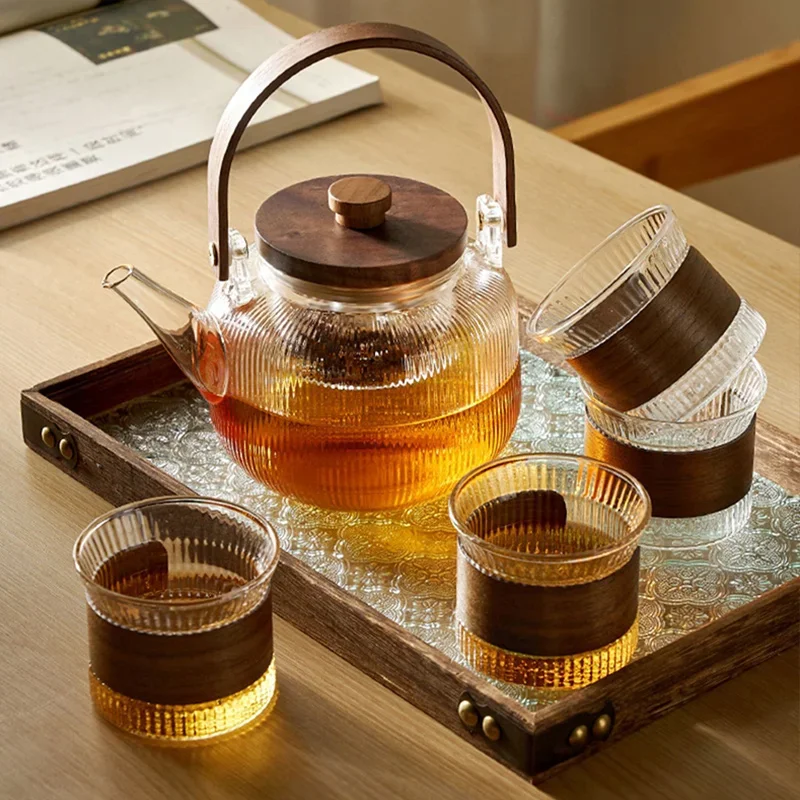 

Wooden Handle Wooden Lid Glass Tea Set Stainless Steel Filter Steaming Transparent Glass Teapot