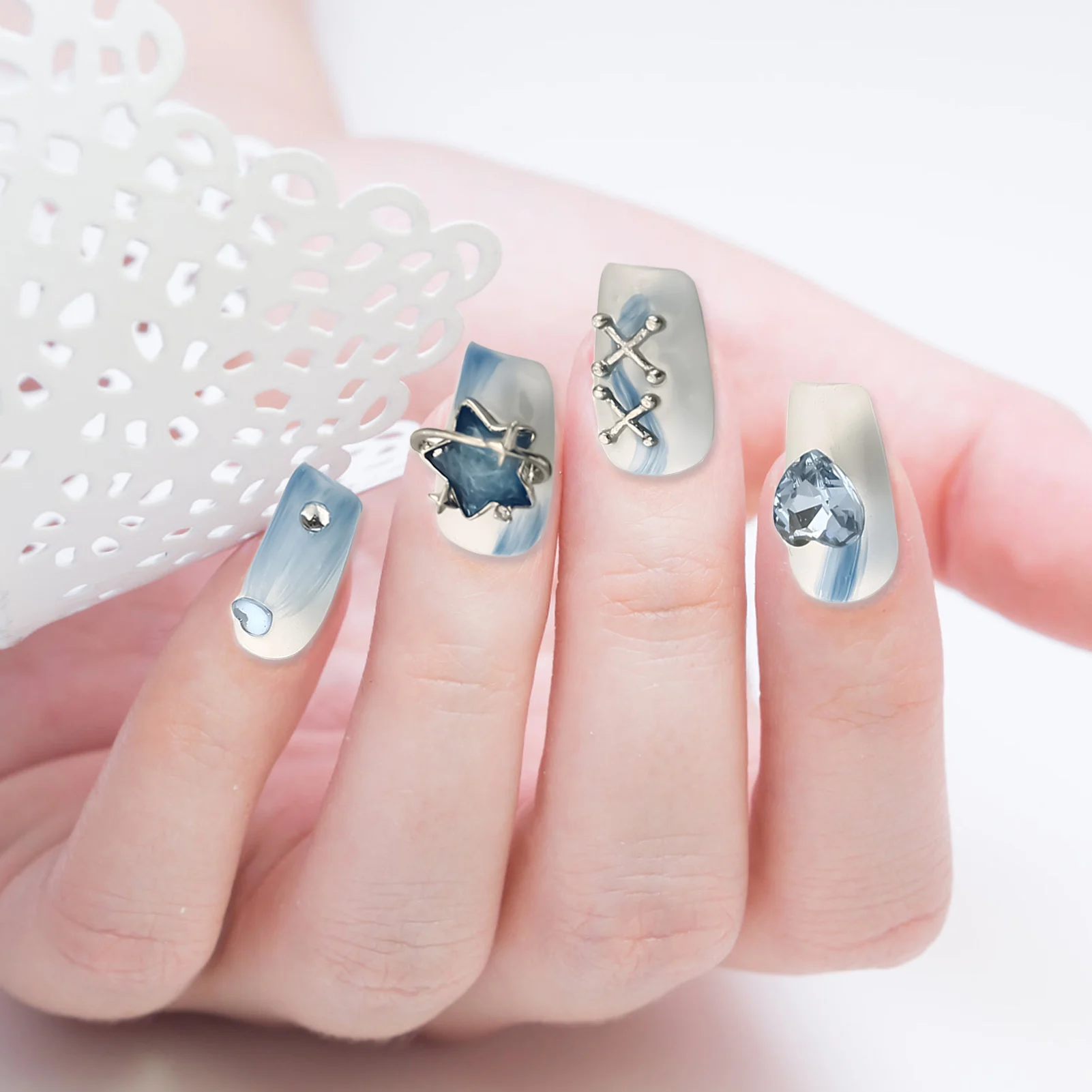 Blue Smudging Fake Nails with Rhinestone Chip-Proof Smudge-Proof Fake Nails for Women and Girl Nail Salon